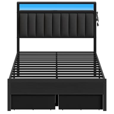 Furnulem Full Size Bed Frame with Charging Station and LED Lights, Grey Upholstered Headboard with Shelves, Metal Platform Bed with 2 Under-Bed Storage (Fabric Drawer on Wheels), No Box Spring Needed - Image 9