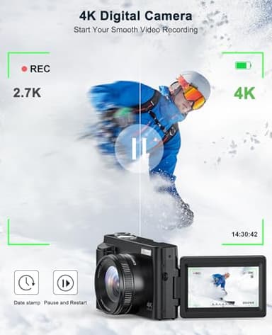 4K Digital Camera for Photography and Video, Autofocus Anti-Shake 48MP Vlogging Camera for YouTube, 3'' 180°Flip Screen Camera with Flash 16X Zoom, Digital Camera with 32GB Card Battery Charger Black - Image 2