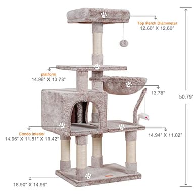 Heybly Cat Tree with Toy, Cat Tower condo for Indoor Cats, Cat House with Padded Plush Perch, Cozy Hammock and Sisal Scratching Posts, Muchroom HCT004MU - Image 3
