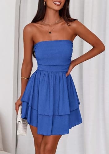 PRETTYGARDEN Women's 2025 Summer Strapless Tube Mini Dress Off Shoulder Smocked Ruffle A Line Flowy Short Party Club Dresses (Royal Blue,Small) - Image 7