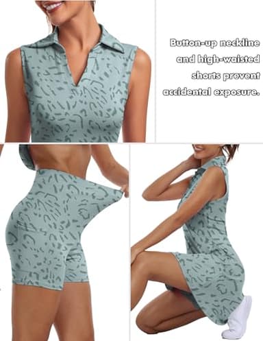 FKEEP Women's Golf Tennis Dress V-Neck with Shorts and Pocket Workout Athletic Dresses (Green Leopard, XL) - Image 3