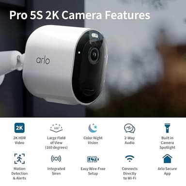 Arlo Pro 5S Spotlight Security Camera 2K HDR | Outdoor | Wireless | Dual-Band Wi-Fi Connects to the Strongest Network | 12X Zoom, 2-Way Audio, Siren, Color Night Vision, Live Stream White - Image 2