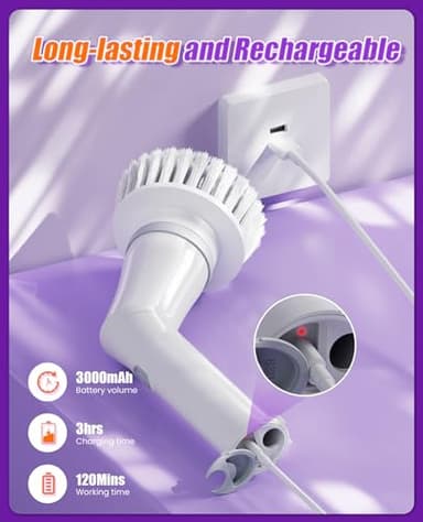 NBONEBS Electric Spin Scrubber, Cordless Shower Scrubber Rotary Floor Brushes & Pad Drivers with 6 Brush Heads - 2H Dual Speed, IPX7 Waterproof Extension Handle for Bathroom Tile Car Cleaning (White) - Image 6