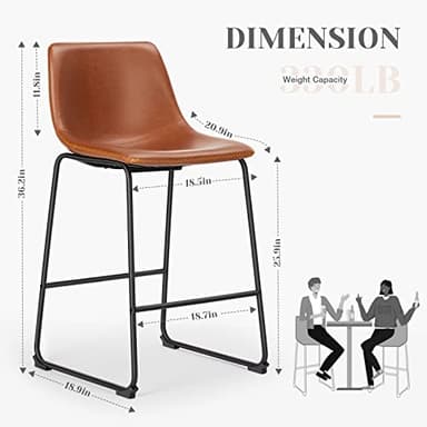 Sweetcrispy Bar Stools Set of 2, Counter Height Bar Stools with Back, 26 inch Armless Industrial Faux Leather Barstools with Metal Legs and Footrest, Dining Chairs for Home Island, Whiskey Brown - Image 3