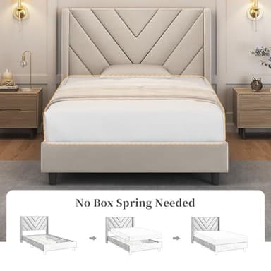 Yaheetech Twin Bed Frame Upholstered Platform Bed with Wing Side/Wooden Slat Support/Tufted Headboard with Wing Side/Mattress Foundation/No Box Spring Needed,Beige Twin Bed - Image 7
