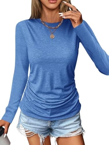 Micticsi Womens Ruched Tops Long Sleeve T Shirts Crewneck Slim Fitted Tees Office Work Top Casual Trendy Clothes 2025 Deep Blue - Image 1