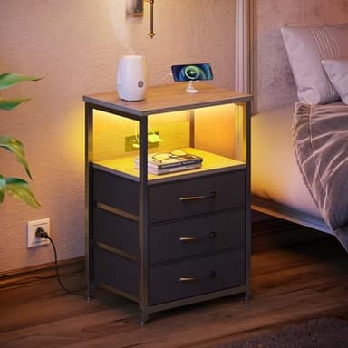 Seventable Nightstand with Charging Station and LED Light, Side Table with 3 Fabric Drawers, Bedside End Table with USB Ports and Outlets, Night Stand for Bedroom, Greige - Image 5