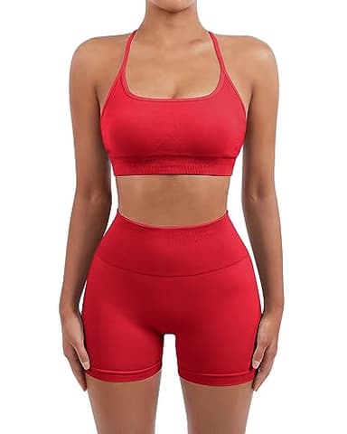 SUUKSESS Women Seamless 2 piece Workout Sets Strappy Padded Sports Bra Booty High Waisted Shorts Outfits (Red,S) - Image 3