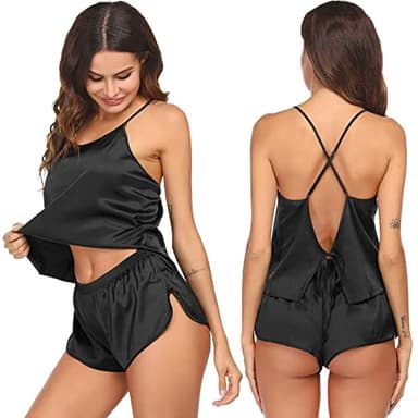 Ekouaer Silk Pajamas Set for Women Satin Backless Lingerie Pjs Cami Top and Shorts Nightwear Black - Image 1