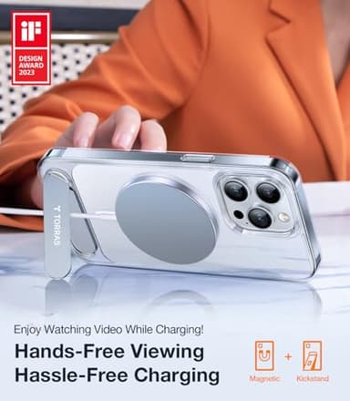 TORRAS Upgraded Magnetic & Stand for iPhone 15 Pro Case [Military Grade Drop Tested] [Compatible with MagSafe] Slim Thin Light Frosted Case for iPhone 15 Pro Phone Case Professional (6.1"), Clear - Image 2