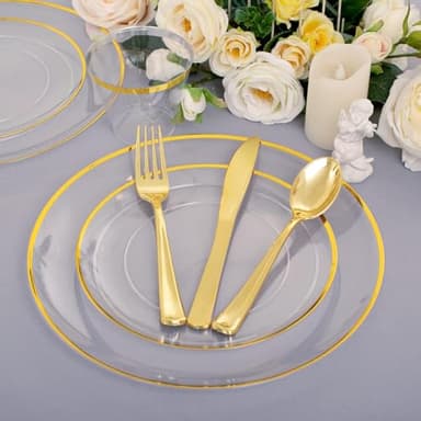 Rubtlamp 140Pcs Gold Plastic Plates Dinnerware,Clear Disposable Plates with Gold Trim,Clear Party Dinnerware Include 20Dinner Plates,20Salad Plates, 20Cups,20Silverware With Pre Rolled Napkins - Image 3