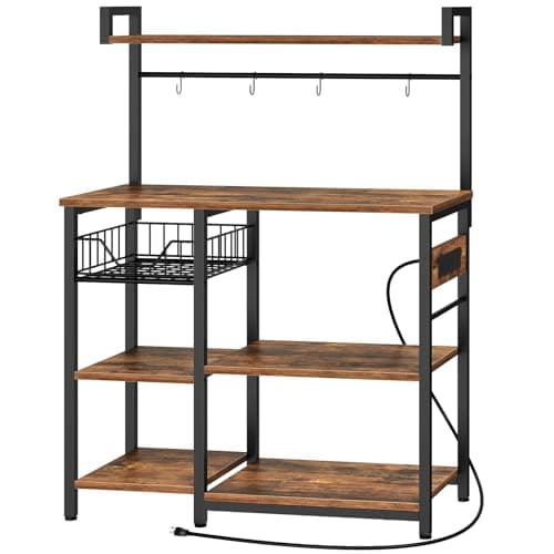 HOOBRO Bakers Rack with Power Outlet, 35.4 Inches Coffee Bar with Mesh Basket, Microwave Stand with 4 S-Shaped Hooks, Kitchen Bakers Rack with Storage, Easy to Assemble, Rustic Brown BF05HB01 - Image 1