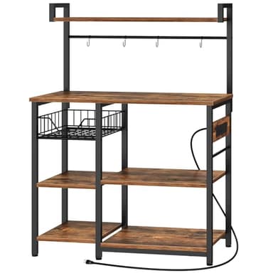 HOOBRO Bakers Rack with Power Outlet, 35.4 Inches Coffee Bar with Mesh Basket, Microwave Stand with 4 S-Shaped Hooks, Kitchen Bakers Rack with Storage, Easy to Assemble, Rustic Brown BF05HB01 - Image 1