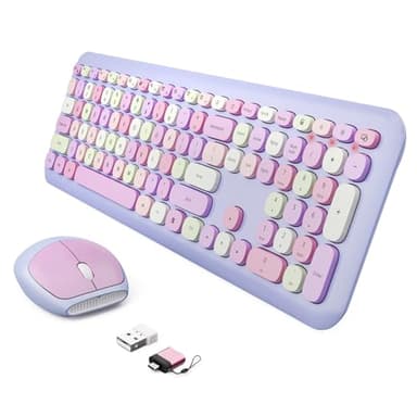 Wireless Keyboard and Mouse Combo, Colorful Ergonomic Full Size Retro Low-Noise Keyboard with Cute keycaps, Compatible with Windows, PC, Perfer for Home and Office Keyboards (Purple) - Image 1