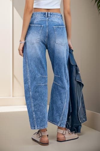 Allimy Women's Jeans High Waisted Mid Rise Baggy Loose Fit Ankle Barrel Leg Y2K Boyfriend Horseshoe Cropped Wide Leg Jeans for Women Trendy 2025 Denim Capri Pants Women Navy Blue Size 10 - Image 5
