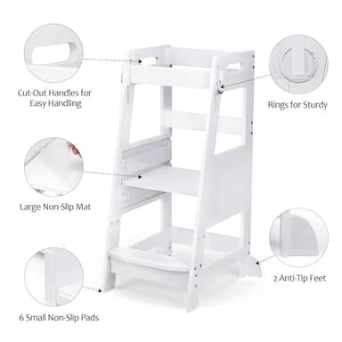 TOETOL Bamboo Toddler Kitchen Step Stool White Helper Standing Tower Height Adjustable with Anti-Slip Protection for Kids Kitchen Counter Learning - Image 6