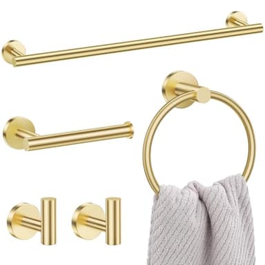 Lairuier 5 Pieces Brushed Gold Bathroom Accessories Set, 23.6 Inch Bath Towel Bar Set, SUS304 Stainless Steel Bathroom Hardware Set Round Toilet Paper Holder Set Wall Mounted - Image 1