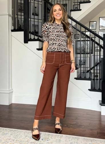 miduo Womens Slim Spring Pants Contrast-Stitch High Waist Zipper Button Cropped Wide Leg Trousers Straight Leg Pants with Pockets Brown 29 - Image 2