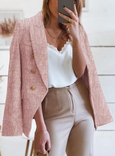 Happy Sailed Tweed Blazers for Women Double Breasted Turndown Collar Blazer Jacket Suits for Work Slim Fit Open Front Business Jackets Casual Outfits Office Professional Fashion 2025 Pink Large - Image 2