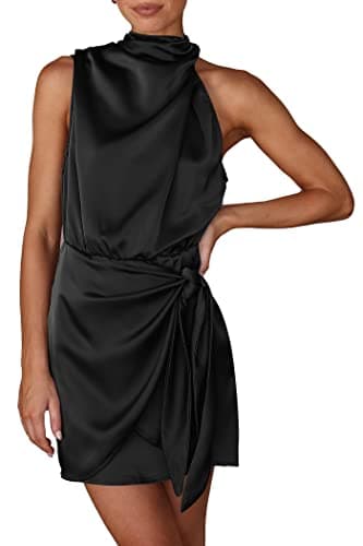 PRETTYGARDEN Women's Short Formal Satin Dress Summer Sleeveless Mock Neck Tie Waist Cocktail Party Dresses (Black,X-Large) - Image 1
