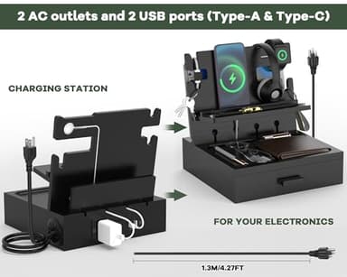 Nightstand Organizer with Charging Station, Wood Docking Station with USB Ports and Outlets, Gifts for Men, Bedside Holder with Drawer for Kindle,Phone,Key, Watch & Accessories (Classic Black) - Image 2