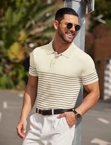 COOFANDY Men's Striped Knit Polo Shirt Short Sleeve Button Down Knitting Golf Shirts Classic Fit Shirts, Beige, Large - Image 4