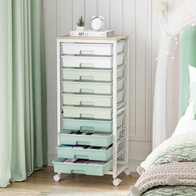 SYKIARIOL Rolling Cart with Drawers,10 Drawer Rolling Cart,Storage Cart,Utility Cart,Teacher Cart for Classroom Storage,Craft Cart with Wheels and Wooden Tabletop,Green - Image 2