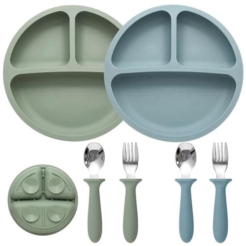 Eascrozn Baby Feeding Set, 2 Pack Silicone Divided Suction Plates for Baby, 2 Pack Spoons and Forks Set, BPA Free, Baby Led Weaning Supplies for Toddler Utensils - Image 1