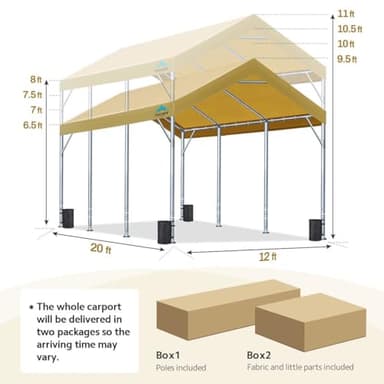 ADVANCE OUTDOOR 12x20 ft Heavy Duty Carport Potable Car Canopy Garage Party Tent Boat Shelter, Adjustable Height from 9.5 ft to 11 ft, Beige - Image 6