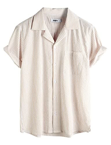 VATPAVE Mens Striped Summer Shirt Casual Button Down Short Sleeve Beach Shirts Cotton Linen Shirts for Men X-Large Khaki - Image 1