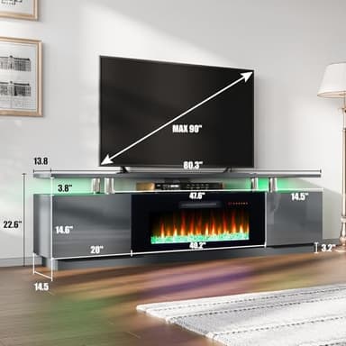 AMERLIFE Fireplace TV Stand with 40" Fireplace, 80" Modern High Gloss Fireplace Entertainment Center LED Lights, 2 Tier TV Console Cabinet for TVs Up to 90", Grey - Image 5