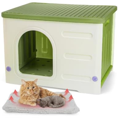 Nagpew Plastic Cat House Indoor Outdoor, Waterproof Feral Cat Shelter with Mat, Escape Door, Sturdy Large Pet House for Cats, Puppy, Rabbit, Easy Assemble, Green - Image 1