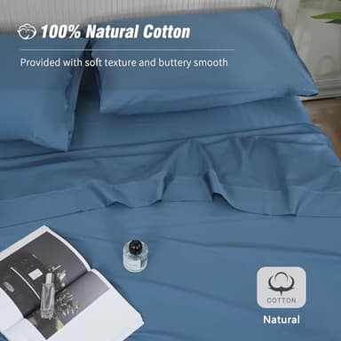 DOWNCOOL Queen Sheet Set - 100% Cotton Sheets Queen Size Set, 400 Thread Count Sateen, 16" Deep Pocket Queen Sheets, Silky Soft & Breathable Bed Sheets, 4-Piece Hotel Luxury Cotton Sheet Set, Blue - Image 2