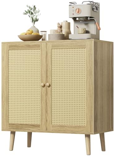 Huuger Buffet Cabinet with Storage, Storage Cabinet with PE Rattan Decor Doors, Accent Sideboard Buffet with Solid Wood Feet, for Hallway, Entry, Living Room, Natural - Image 1