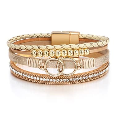 Leopard Bracelet for Women, Boho Leather Wrap Multi-Layer Pearl Crystal Bracelet Bangle Jewelry (Double Circle(Khaki)) - Image 1