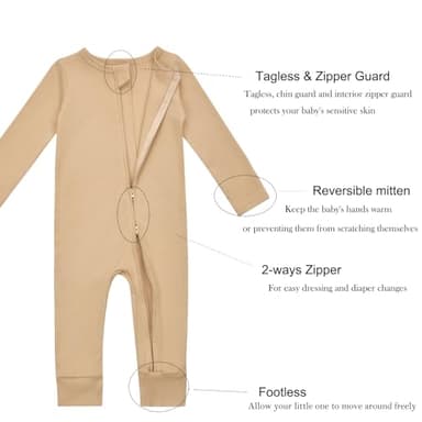 Aablexema Baby Cotton Fooltess Pajamas with Mitten, 3-pack Infant Romper Zip Up One Piece Jumpsuits Outfit(Black&Coffee&Camel,3-6m) - Image 3