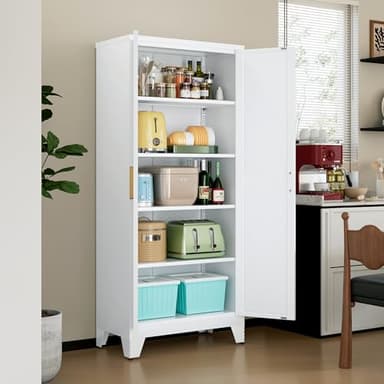 71" Tall Metal Storage Cabinet with 2 Doors and 4 Adjustable Shelves, 5-Tier Kitchen Pantry Storage Cabinet for Kitchen, Living Room, Dining Room and Office, White - Image 2
