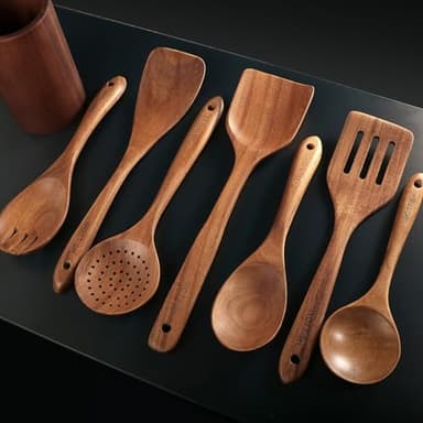 Wooden Spoons for Cooking - 8-Piece Wooden Kitchen Utensil Set made of Natural Solid Wood Material - Includes Spoons, Spatulas, Ladles, Strainer Spoon, Salad Fork, Mixing Spoon and Utensil Holder - Image 4