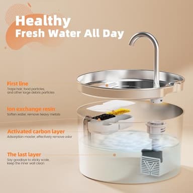 Cat Water Fountain Stainless Steel: 2.2 L Cat Fountain for Drinking - Automatic Pet Water Fountain for Cats Inside - Metal Cat Dog Water Dispenser Bowl with Faucet Water Level Window Ultra Quiet Pump - Image 5