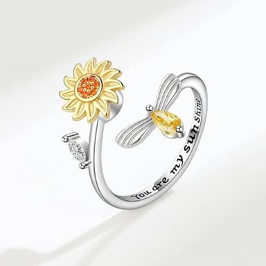 Aoeam Sunflower Fidget Ring for Daughter Women Adjustable Anti-Anxiety Spinner Ring Cubic Zircon Lettering You Are My Sunshine Stress Relief Bee Fidget Ring Jewelry Gift - Image 6
