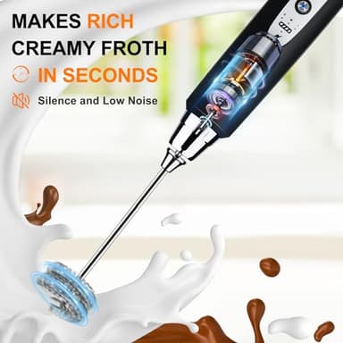 YUSWKO Black Handheld Milk Frother Wand for Coffee, Rechargeable Electric Whisk with 3 Heads 3 Speeds Drink Mixer Coffee Frother For Latte, Cappuccino, Hot Chocolate, Egg - Image 6