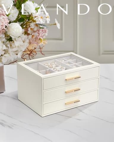 Vlando Jewelry Box for Women, Glass Lid Jewelry Organizer with 3 Drawers for Necklaces Rings Earrings Bracelets Mother Day Gift for Mom - Cloud White - Image 2
