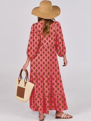 ANRABESS Womens Boho Maxi Dresses 2025 Summer V Neck Puff Sleeve Floral Flowy Swing Fall Casual Long Dress Pink Small - Image 4