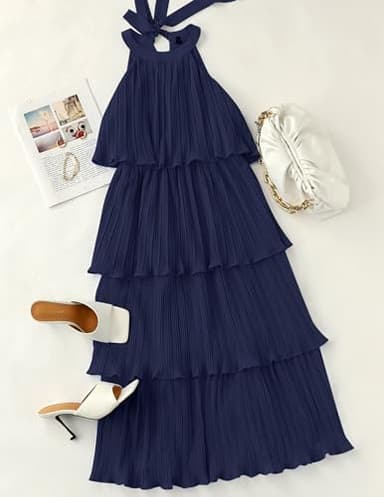 ZESICA Women's 2025 Summer Sleeveless Halter Neck Ruffle Tiered Layed Chiffon Flowy Swing Long Midi Dress,Navy,Small - Image 6