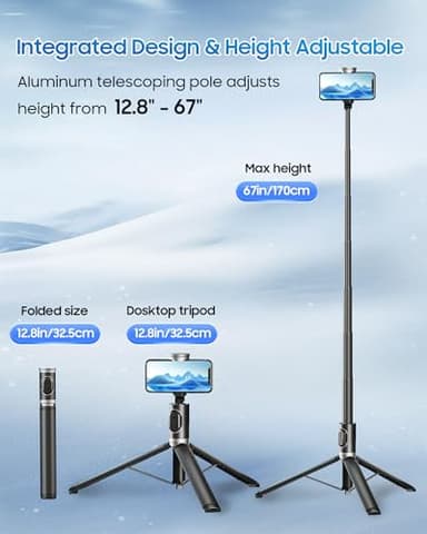 ACKIMA 67" Selfie Stick Phone Tripod, All-in-1 Cell Phone Tripod with Wireless Remote, Extendable Compact Tripods Portable Travel Stand for iPhone Android Selfie/Video Recording/Live Stream/Vlog - Image 2