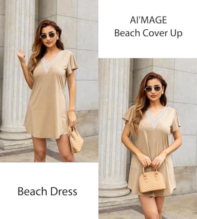 AI'MAGE Women's Swimsuit Coverups Bikini Beach Swimwear Cover Up V Neck Bathing Suit Cover Up Beach Dress Khaki L - Image 3