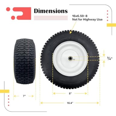 2-Pack 16 x 6.5-8 Riding Lawn Mower Tire and wheel with 3/4" or 5/8'' Bushing, 16Inch Tire Assembly for Lawn Mower, Garden Tractor.3" -6''Offset Hub. (16 x 6.50-8 Tubeless,3" Offset Hub) - Image 2