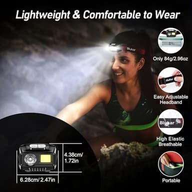 Blukar LED Headlamp Rechargeable,2000L High Lumen Super Bright Dimmable Headlight Flashlight with Motion Sensor- 8 Modes,Spotlight&Floodlight,IPX5 Waterproof for Camping,Hiking,Running,Fishing -2 Pack - Image 8