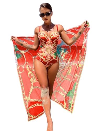 One Piece Women's Swimsuit with Beach Cover Up Wrap Skirt Set, Tummy Control, Sexy V Neck Reds - Image 1