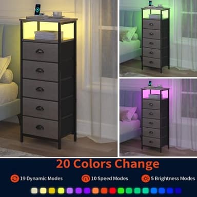 sthmec Nightstand with Charging Station,LED Grey Nightstand with 5 Fabric Drawers, Bedside End Tables, 2-Tier Open Storage Shelf Side Table Nightstand with Drawers for Bedroom, Grey - Image 6